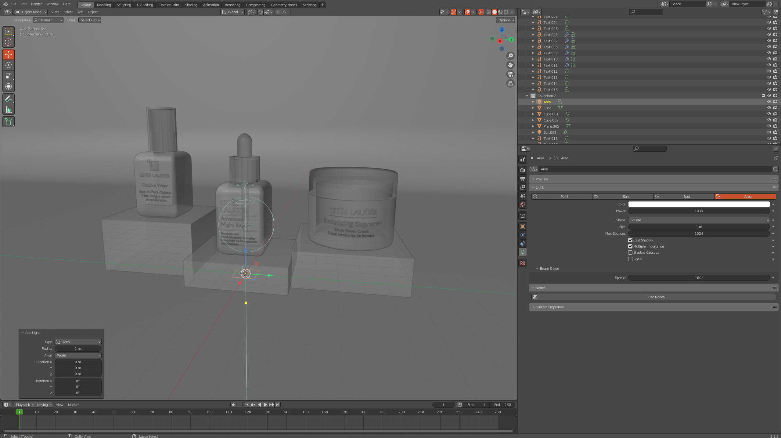 Estée Lauder product collection scene in Blender